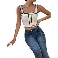 Women's Tops Women's Shirts Sexy Tops for Women Contrast Trim Button Detail Crop Knit Top (Color : White, Size : X-Small)