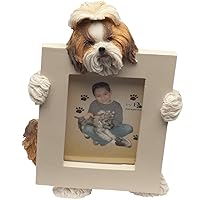 Shih Tzu, Tan and White Picture Frame Holds Your Favorite 2.5 by 3.5 Inch Photo, Hand Painted Realistic Looking Shih Tzu Stands 6 Inches Tall Holding Beautifully Crafted Frame, Unique and Special Shih Tzu Gifts for Shih Tzu Owners