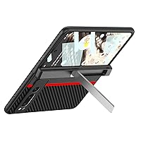 ONNAT-Carbon Fiber Case for Google Pixel Fold Magnetic Hinge Folio Cover Clear Screen Protection Back Metal Bracket (Red)