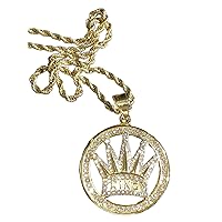 Men Women 925 Italy Gold Finish Iced Crown King Ice Out Pendant Stainless Steel Real 2 mm Rope Chain Necklace, Mens Jewelry, Iced Pendant, Rope Necklace