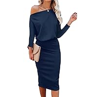 Ezbelle Womens Sexy Off The Shoulder Pencil Bodycon Batwing 3/4 Sleeve Business Wedding Cocktail Dress Navy Blue Medium