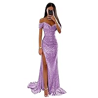 Women's Sparkly Sequin Off The Shoulder Prom Dresses 2024 Long V Neck Mermaid Formal Evening Party Gown R052