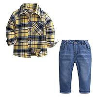 Boy Gentleman Clothes Set Children Cotton Plaid Shirt Jeans Pant Kids Casual Outfits