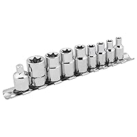 Performance Tool W1338 Heat-Treated Steel Socket Set with Chrome Finish, Bonus Rail and Adapter, Includes 8 Torx Sizes in 1/4 and 3/8-Inch Drives