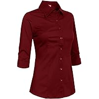 Womens Classic 3/4 Sleeve Slim Fitted Tailored Button Down Office Shirt S-6XL Burgundy