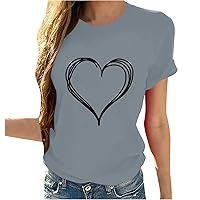 Heart Print Shirts for Women Casual Graphic Tee Teen Girl Short Sleeve T-Shirt Tops Soft Comfort Crewneck Blouses