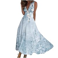 Dresses for Women 2024 Wrap V Neck Flowy Ruched Maxi Dress Sleeveless Floral Printed Beach Dresses Boho Sundresses