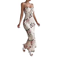 Dresses for Women 2024 Floral Print Tie Front Halter Neck Backless Cami Long Dress