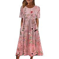Plus Size Wedding Short Sleeve Dress Women Modern Holiday Light Skater for Women Print Comfortable Cotton Pink XL