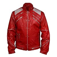 Mens Beat it Jackson Multi Zipper Concert Retro Vintage Classic Rock Pop King Leather Red Biker Jacket Cosplay Costume