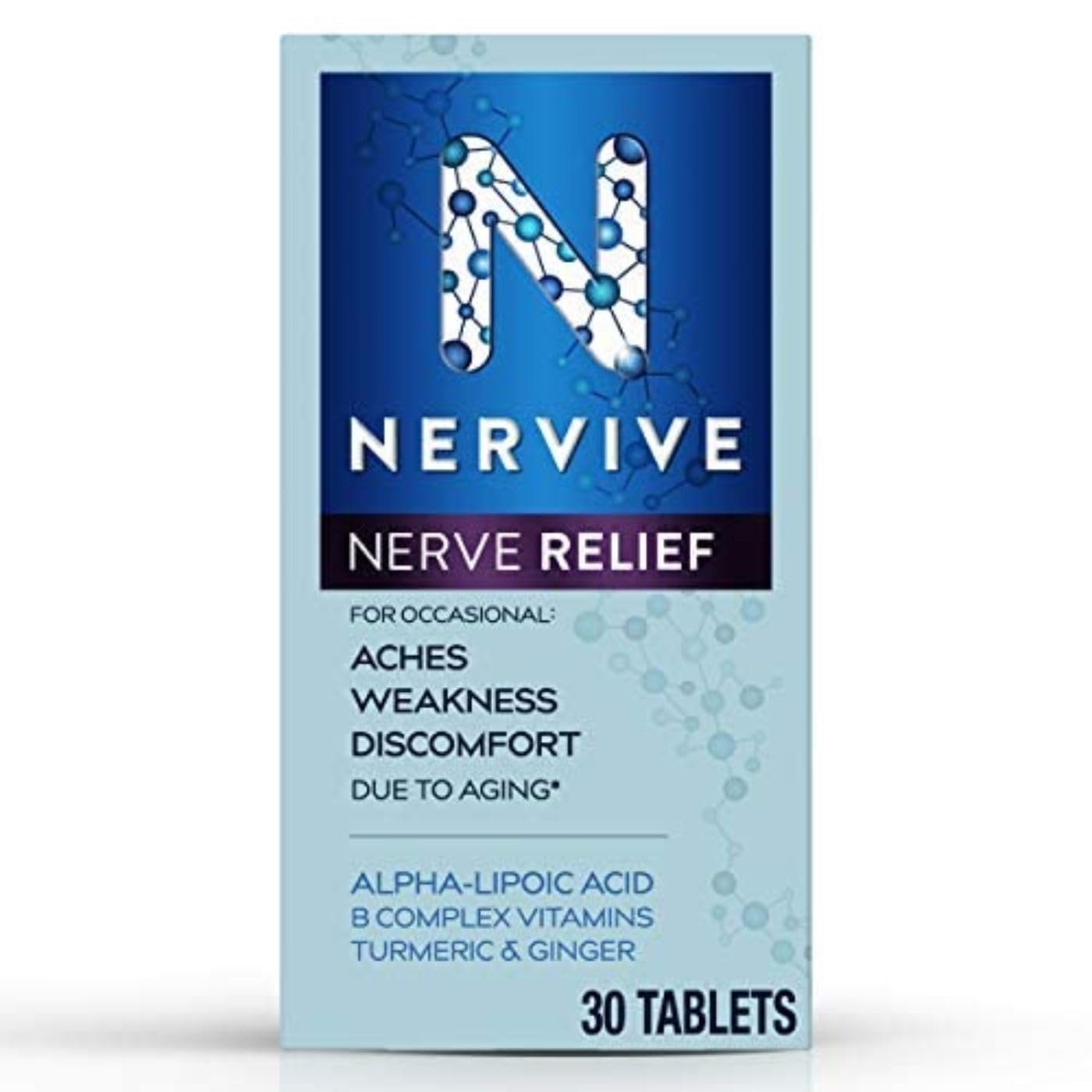 Nervive Nerve Relief, with Alpha Lipoic Acid, to Help Reduce Nerve Aches, Weakness, & Discomfort in Fingers, Hands, Toes, & Feet*†, ALA, Vitamins B12, B6, & B1, Turmeric, Ginger, 30 Daily Tablets