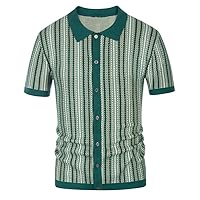 Men's Short Sleeve Knit Shirts Casual Vintage Striped Lapel Collar Button Down Top Fashion Work Business Dress Shirt