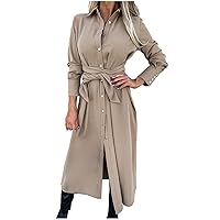 Women's Elegant Lapel Neck Button Down Long Sleeve Maxi Shirt Dress with Belt