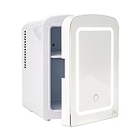 Paris Hilton Mini Refrigerator and Personal Beauty Fridge, Mirrored Door with Dimmable LED Light, Thermoelectric Cooling and Warming Function for All Cosmetics and Skincare Needs, 4-Liter, White