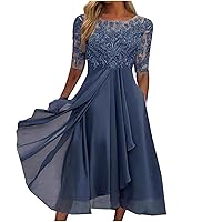 Women's Chiffon Lace Mesh Patchwork Empire Waist Dresses Summer Half Sleeve Pleated Fashion Flwoy A-Line Midi Dress