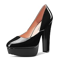 Aachcol Women Platform Chunky Block High Heel Pumps Round Toe Slip-on Dress Shoes Party Wedding Patent 5 Inch