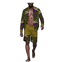 Men`s 2 Piece Sets African Outfits Dashiki Tops Coats+Print Short Pants Summer Casual
