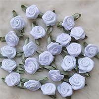 100pcs 15mm Mini Rose Flowers Satin Ribbon Bows Multicoloured Artificial Appliques Handmade DIY Sewing Craft Accessories Wedding Bride Gift Box Decoration (White)