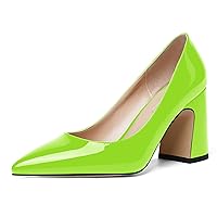 Womens Dating Pointed Toe Patent Dress Slip On Chunky High Heel Pumps Shoes 3.3 Inch
