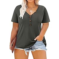 RITERA Plus Size Tops Short Sleeve Casual Sexy Shirt Button Tops Basic Solid Loose Fit Blouses Henley Tunic Grey 5XL