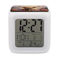 Farmhouse Highland Cow Flower 7 Colors Change Digital Alarm Clock LED Display Desktop Clock Cube Night Light with Thermometer