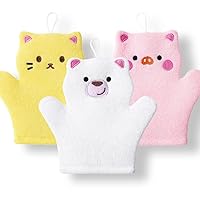 BubbleGlove, Baby Bath Mitt Wash Gloves Hand Puppet for Kids & Toddler, Bath Sponge & Baby Washcloth Mitt for Kids & Adults, Body Scrubber for Mommy & Me (Cute Pig Cat & White Bear)