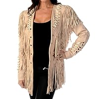 Women Western with Fringes Beads and Bones Brown Real Leather Jacket