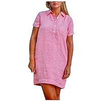 Women Cotton Linen Lapel Button Shirts Dresses with Pocket Summer Short Sleeve Casual Trendy Tunic Mini Plain Dress