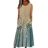 Casual Sundress Maxi Dresses for Women 2024 Summer Casual Print Bohemian Beach Dress Sleeveless Crewneck Dress with Pockets Multicolor 3X-Large