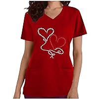 Womens Scrub-Shirts V Neck Short Sleeve Workwear Blouses Loose Fit Casual Heart Graphic Working Tops with Pockets