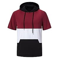 Men's Short Sleeve Hoodie Fashion Color Block Cotton Athletic Hooded T-Shirts Casual Muscle Workout Sweatshirts Pullover