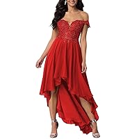 Lace Applique Chiffon Bridesmaid Dresses for Women Off Shoulder High Low Formal Evening Gowns Party Dress LYQ15