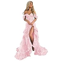UZN Off Shoulder Tiered Tulle Prom Dresses Long Mermaid Lace with Slit Formal Evening Party Gowns