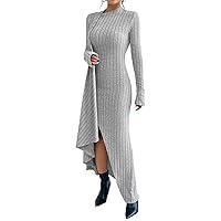 Fall Dresses for Women 2023 Plain Rib-Knit Long Sleeve Asymmetrical Hem Bodycon Long Dress