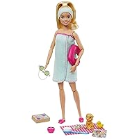 Barbie Spa Doll Toy Set with Puppy & 9 Accessories Including Neck Pillow, Rubber Duck & Cucumber Eye Masks, Blonde Doll