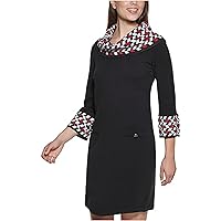 Jessica Howard Womens Black Knit Unlined Faux Pockets Geometric 3/4 Sleeve Cowl Neck Above The Knee Wear to Work Sweater Dress Petites PL