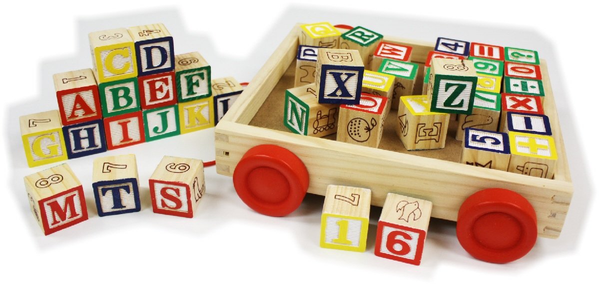 Matty's Toy Stop 42-Piece Classic Wooden ABC/123 Stack and Build Blocks Wagon with Learning Pictures