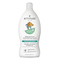 ATTITUDE Baby Dish Soap and Bottle Cleaner, EWG Verified Dishwashing Liquid, No Added Dyes or Fragrances, Tough on Milk Residue and Grease, Vegan, Pear Nectar, 23.7 Fl Oz