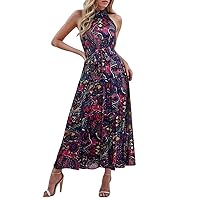 Boho Dresses for Women 2024 Summer Halter Neck Sleeveless Flowy A Line Maxi Dress Vintage Casual Beach Bohemian Long Sundress
