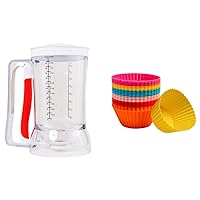 Pancake Batter Dispenser - Kid Friendly & Mess Free Cupcake Batter Dispenser with Squeeze Handle for Precise Portion Control (4 Cup Capacity) | Silicone Cupcake Baking Cups (24)