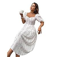Dresses for Women - Floral Print Sweetheart Neck Puff Sleeve Dress