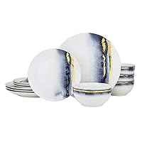 12 piece Blue Marble Dining Set, Fine China Tableware w/ 24K Gold Plate Accent Service for 4