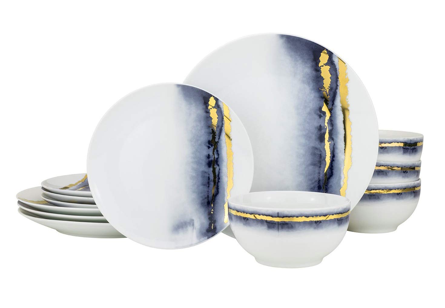 Euro Porcelain 12 piece Blue Marble Dining Set, Fine China Tableware w/ 24K Gold Plate Accent Service for 4