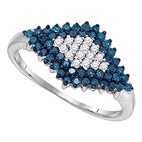 The Diamond Deal 10kt White Gold Womens Round Blue Color Enhanced Diamond Symmetrical Cluster Ring 1/2 Cttw