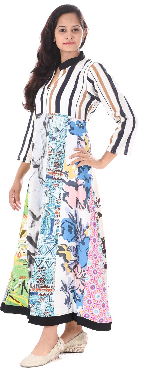 lakkar haveli Indian 100% Cotton Women Fashion Long Dress Floral Print White Color Plus Size