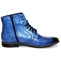 PeppeShoes Modello Blabla - Handmade Italian Mens Color Blue Ankle Boots - Cowhide Hand Painted Leather - Lace-Up