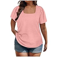 Plus Size Tops for Women Summer Puff Short Sleeve T Shirts Trendy Square Neck Tees Loose Fashion Tunics XL-5XL