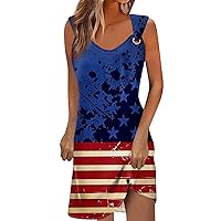 4th of July Women 4th of July Dress for Women America Flag Print Sexy Vintage Fashion with Sleeveless Round Neck Splice Dresses Navy XX-Large