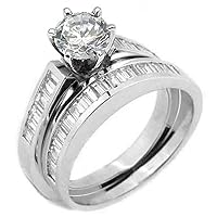 14k White Gold 1.50 Carats Round & Baguette Diamond Engagement Ring Bridal Set