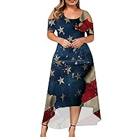 4th of July Dress Women 2048 Cold Shoulder American Flag USA Patriotic Plus Size Summer Hi-Low Party Dresses